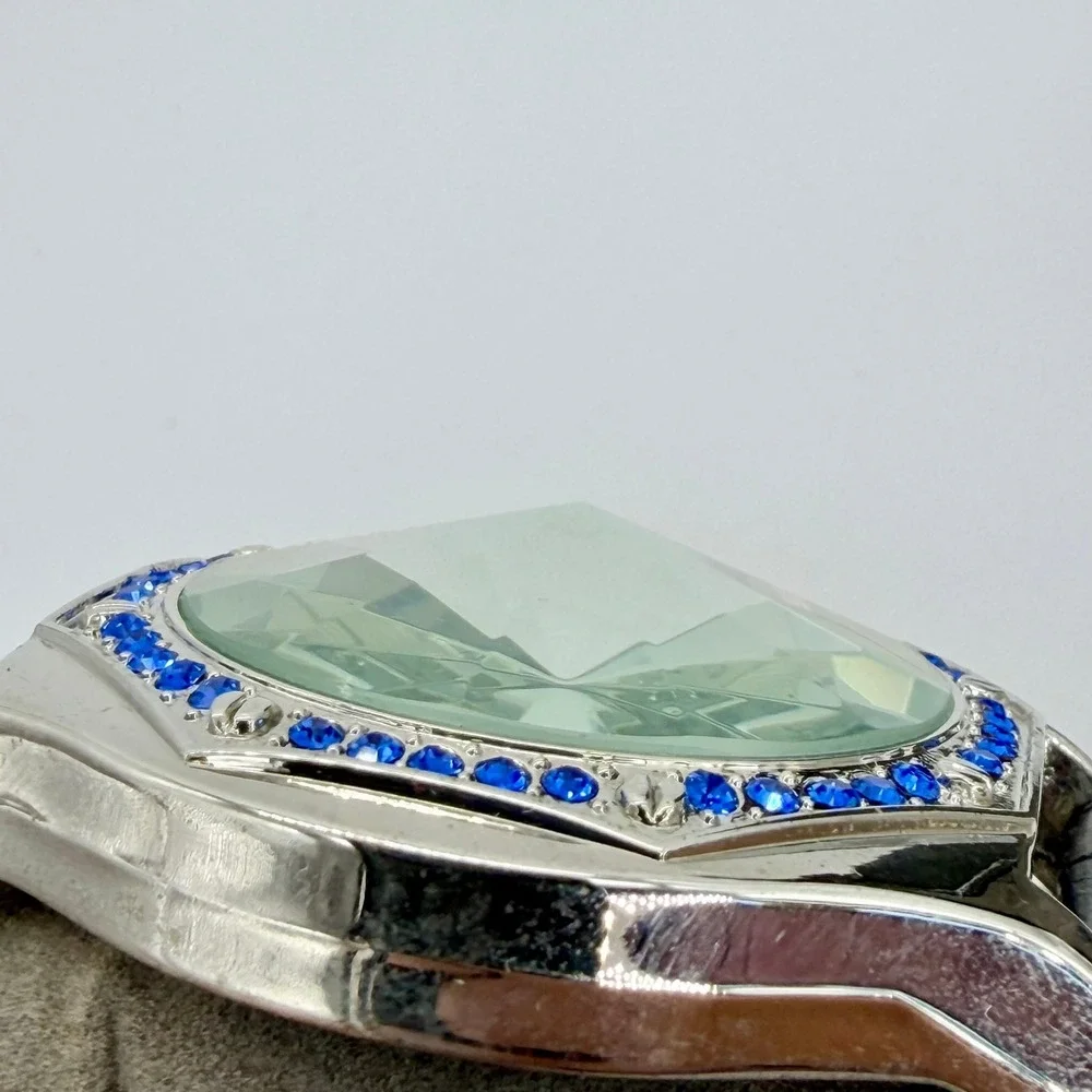 Blingster Crystal Bezel Mens Quartz Silver Steel Blue‎ Leather Rhinestone Watch